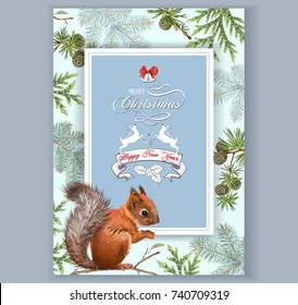 Vector vintage card with forest branches, squirrel and Christmas banner with deers and bells. Highly detailed elegant festive design for greeting cards. Can be used for poster, web page, packaging