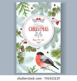 Vector vintage card with forest branches, bullfinch and Christmas banner with rabbits and bells. Highly detailed elegant festive design for greeting cards. Can be used for poster, web page, packaging