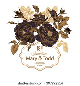Vector Vintage card with frame for text and bouquet of flowers garden roses in Victorian style. Gold foil print on a white background. Illustration with natural motifs.