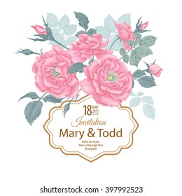 Vector Vintage card with frame for text and bouquet of flowers garden roses in Victorian style. Gold foil print on a white background. Illustration with natural motifs.