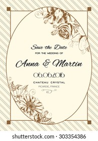 Vector Vintage card with hand draw flowers. Rose, chamomile, chrysanthemum, lily. 