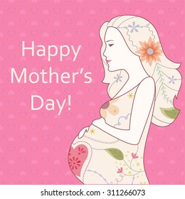 Vector vintage card happy mothers day with pregnant woman painted silhouette