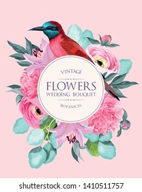 Vector vintage card with high detailed bird, peony and ranunculus