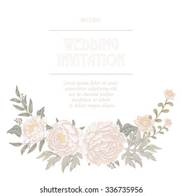 Vector Vintage card with the image of garden flowers of peonies and roses in Victorian style. Designed to create wedding invitations, congratulations.