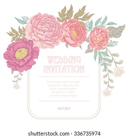 Vector Vintage card with the image of garden flowers of peonies and roses in Victorian style. Designed to create wedding invitations, congratulations.