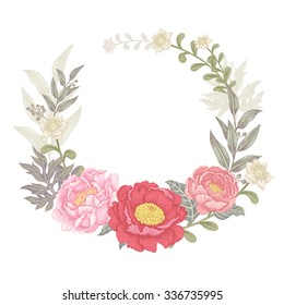 Vector Vintage card with the image of garden flowers of peonies and roses in Victorian style. Designed to create wedding invitations, congratulations.