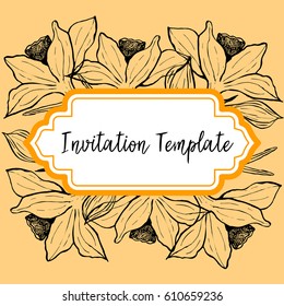 Vector vintage card natural floral motif and daffodil flower frame for event invitation template, weddings and save the date stationery or any other holidays, celebrations and events