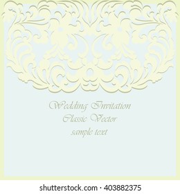 Vector Vintage Card ornamental lace with floral elements. Elegant lacy feather flower decoration for greeting card, wedding invitation or announcement, template. Blue green color