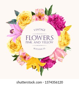 Vector vintage card with pink and yellow flowers