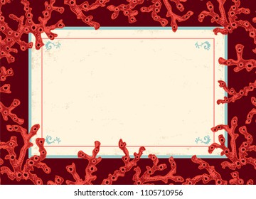 Vector vintage card with red corals. Red corals with vintage banner.
