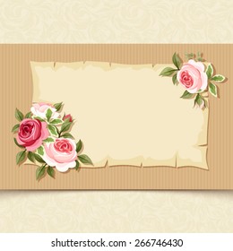 Vector vintage card with red and pink roses on a cardboard background.
