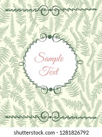 Vector vintage card with round frame and hand drawn graceful fern leaves. Ink drawing, beautiful floral design elements.