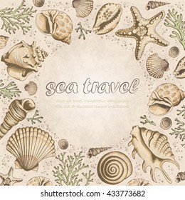 Vector vintage card with seashells, corals and starfishes. Marine background. Illustration in sketch style. Perfect for greetings, invitations, wrapping paper, textile, wedding and web design.