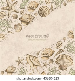 Tarjeta vintage de Vector con conchas marinas, corales y estrellas de mar. Fondo marino en estilo sketch. Perfecto para saludos, invitaciones, fabricación de papel de regalo, textil, boda y Diseño web.