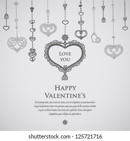 Vector vintage card template with hanging hearts.