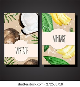 vector vintage card templates with coconuts and banana and with grunge texture. EPS 10