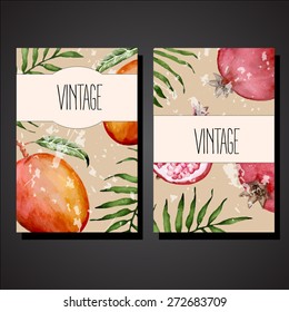 vector vintage card templates with mango and pomegranate and with grunge texture. EP 10
