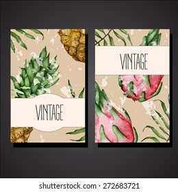 vector vintage card templates with pineapple and dragon fruit and with grunge texture. EPS 10