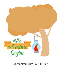 Vector vintage card with tree and lamp, phrase the adventure begin on ribbon. Motivational quote.
