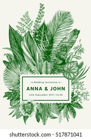 Vector vintage card. Wedding invitation. Botanical illustration. Tropical leaves. Green.