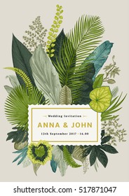 Vector vintage card. Wedding invitation. Botanical illustration. Tropical leaves.  - Shutterstock ID 517871047