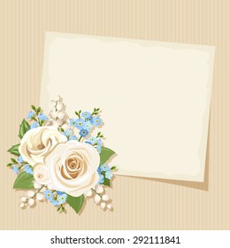 Vector vintage card with white and blue roses, lisianthuses, lily of the valley and forget-me-not flowers on a beige cardboard background.