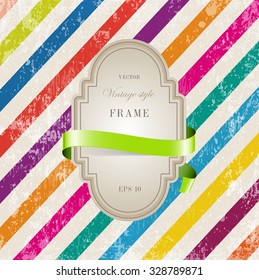 Vector vintage cardboard label decorated with glossy silky ribbon over multicolored weathered background with diagonal stripes. Old paper grungy texture. Retro style.