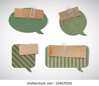 Vector vintage cardboard speech bubbles collection decorated with retro geometric backgrounds and pieces of torn old paper attached with paper clips