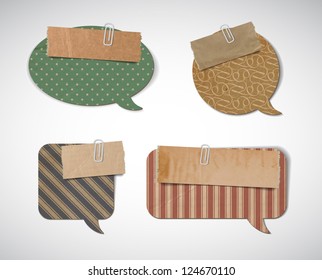 Vector vintage cardboard speech bubbles collection decorated with retro geometric backgrounds and pieces of torn old paper attached with paper clips
