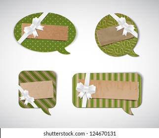 Vector vintage cardboard speech bubbles collection decorated with retro geometric backgrounds, torn pieces of paper and silky ribbon bow knots