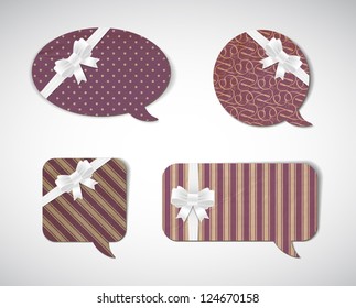 Vector vintage cardboard speech bubbles collection decorated with retro geometric backgrounds and silky ribbon bow knots