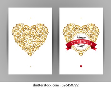 Vector vintage cards with golden heart in Victorian style. Ornate floral decor. Template frame for save the date, greeting card, wedding invitation, leaflet, poster. Vector border with place for text.