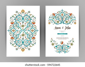 Vector vintage cards; ornate frame for design template.Eastern style elements. Luxury floral illustration. Ornamental decor for greeting card, wedding invitation, save the date, double-sided postcard.
