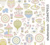 Vector Vintage Carnival, Tea Party Seamless Pattern: Hot Air Balloons, Carousels, Tea Sets, and Macarons