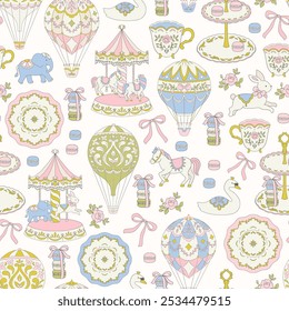 Vector Vintage Carnival, Tea Party Seamless Pattern: Hot Air Balloons, Carousels, Tea Sets, and Macarons