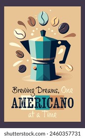 Vector vintage Cartoon Americano Coffee Poster con taza de café humeante y granos de café coloridos Esta es una Imagen hecha a mano, sin el uso de Inteligencia Artificial