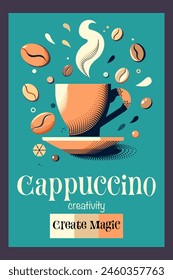 Vector vintage Cartoon Cappuccino Creativity Poster with cappuccino cup and colorful coffee beans This is a hand-made image, without the use of Artificial Intelligence