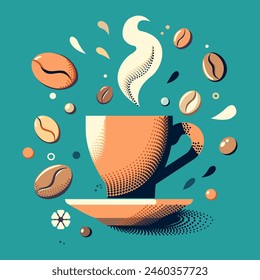 Vector vintage Cartel de café de dibujos animados con taza de café y granos de café de colores