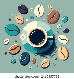 Vector vintage Cartoon Coffee Poster with coffee cup and colorful coffee beans