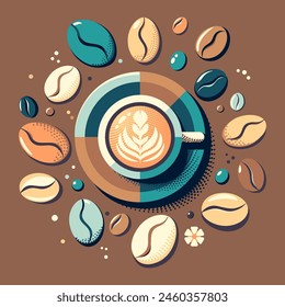 Vector vintage Cartel de café de dibujos animados con taza de café y granos de café de colores