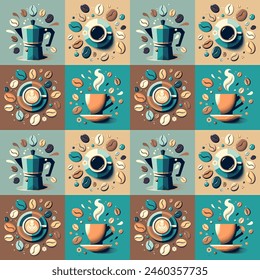 Vector vintage Cartoon Coffee seamless background, coffee cup and colorful coffee beans pattern