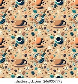 Vector vintage Cartoon Coffee seamless background, coffee cup and colorful coffee beans pattern