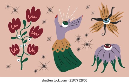 Vector vintage cartoon elements collection, magic shop for witches concept, wizard character set. hand drawn fairy tale elements