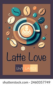 Vector vintage Cartoon Latte Love Poster with latte art cup and colorful coffee beans 