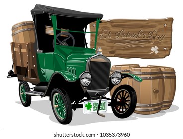 Vector vintage cartoon truck with beer barrels for Happy Saint Patrick's Day Irish celebration design. Beer festival lettering on wood board. EPS-10 separated by groups and layers.
