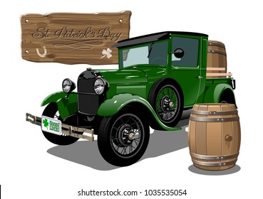 Vector vintage cartoon truck with beer barrels for Happy Saint Patrick's Day Irish celebration design. Beer festival lettering on wood board. EPS-10 separated by groups and layers.