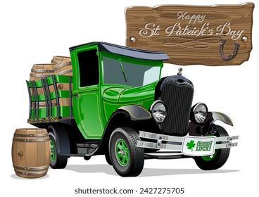 Vector vintage cartoon truck with beer barrels for Happy Saint Patricks Day Irish celebration design. Beer festival lettering on wood board. EPS-10 separated by groups and layers.