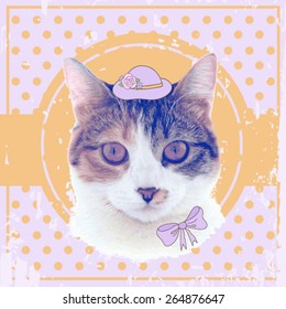 vector vintage cat in the hat with flowers