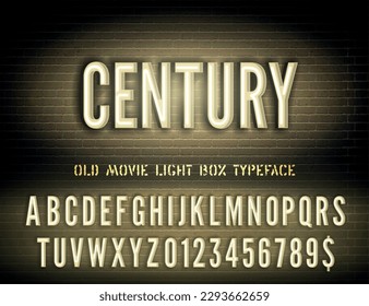 Vector vintage Siglo de luz nocturna y estilo de película antiguo tipo de letra estrecha caja de neón amarillo con números sobre fondo de pared de ladrillo oscuro