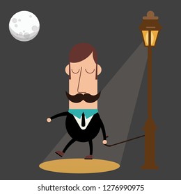 Vector vintage character senior man with walking stick 